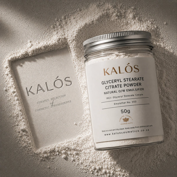 Jar of Kalós glyceryl stearate citrate powder on a textured surface