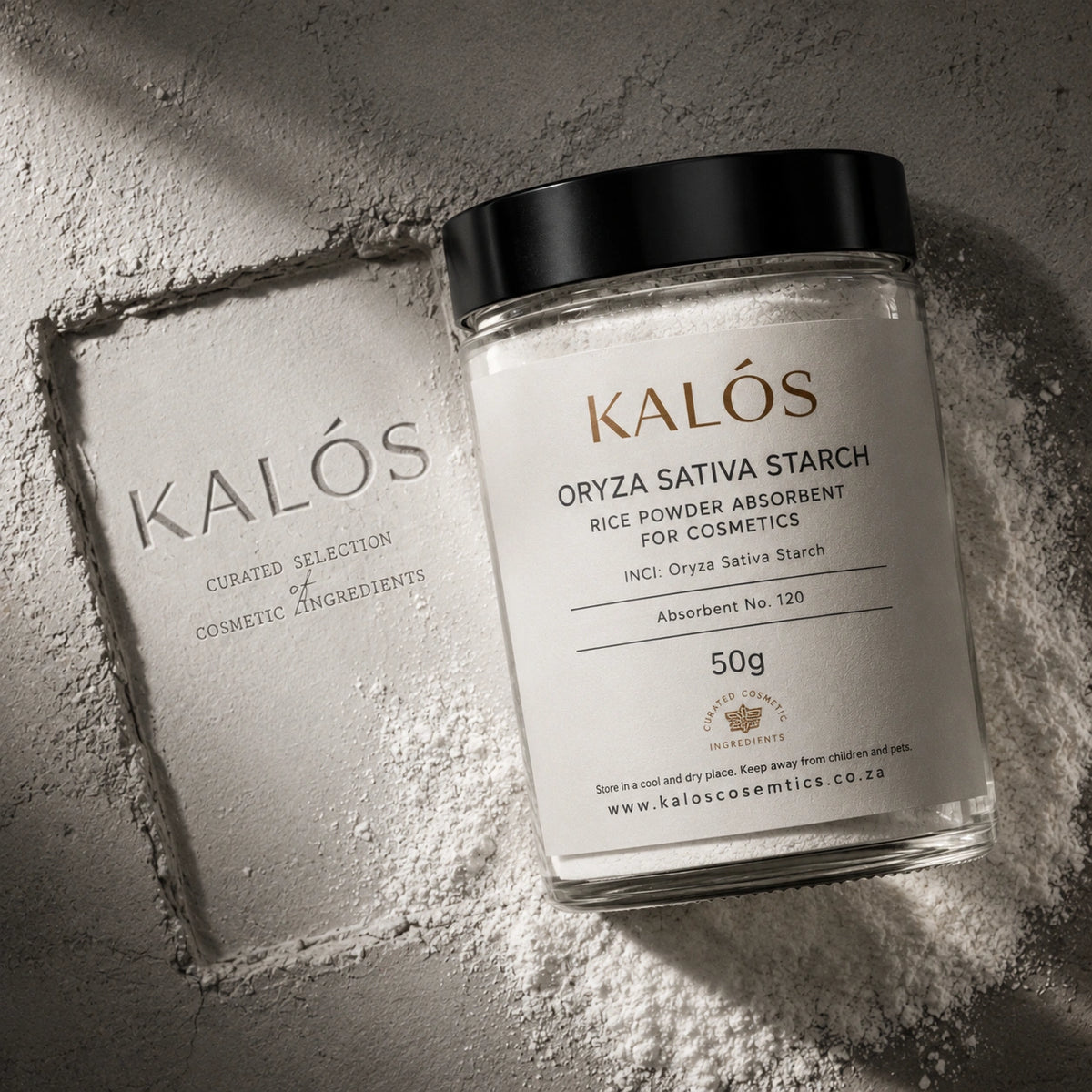 Jar of Kalós Oryza Sativa Starch on a textured surface