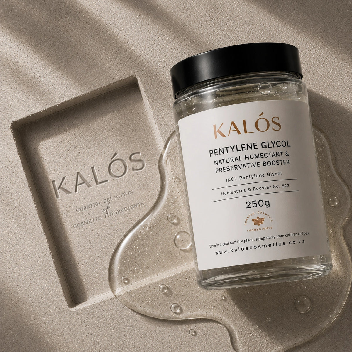 Jar of Kalós pentylene glycol on a textured beige surface