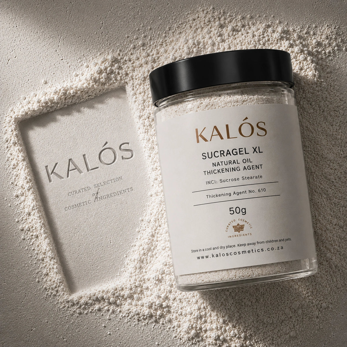 Jar of Kalós Sucragel XL thickening agent on a textured surface