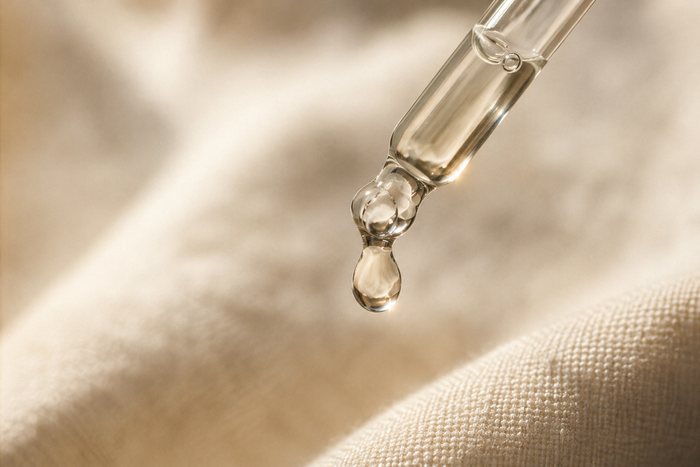 Close-up of hyaluronic acid serum droplet on fingertip — Kalós Cosmetics South Africa