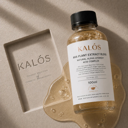 Bottle of Kalós AHA Plant Extract Blend on a beige background