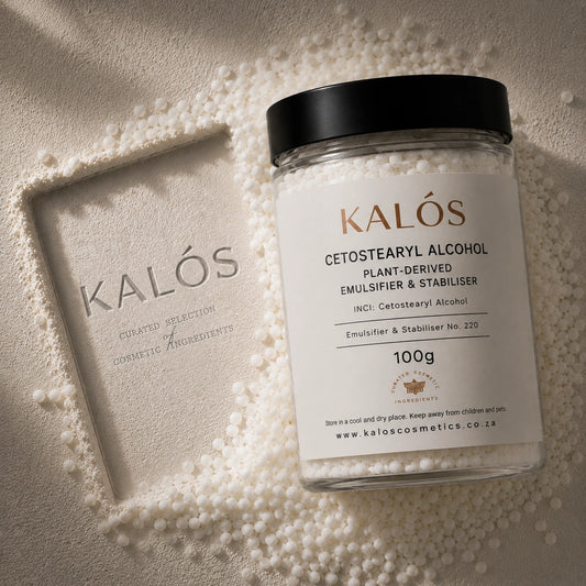 Jar of Kalós Cetostearyl Alcohol on a textured beige background