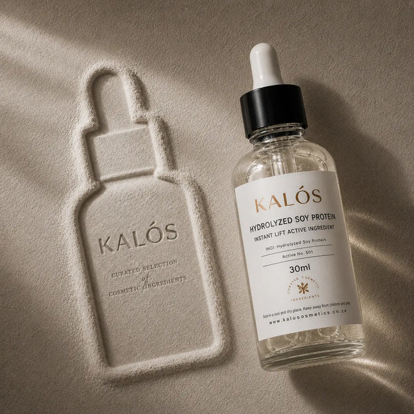 KALÓS hydrolyzed soy protein bottle and textured bottle on a beige background