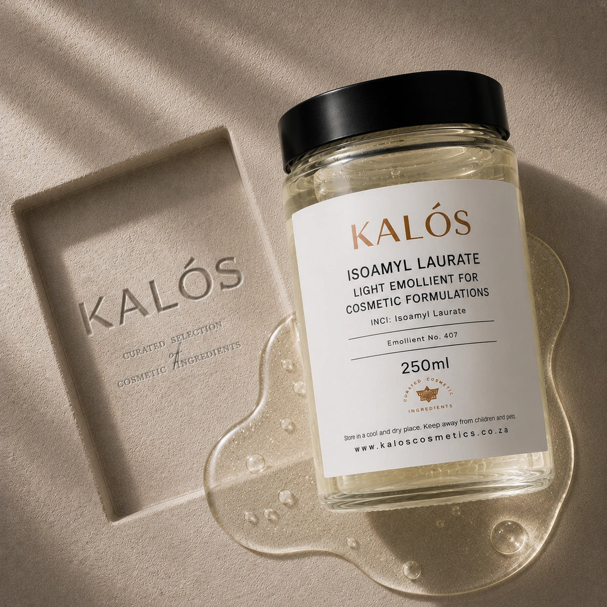 Jar of Kalós cosmetic ingredient with a decorative tray on a beige background
