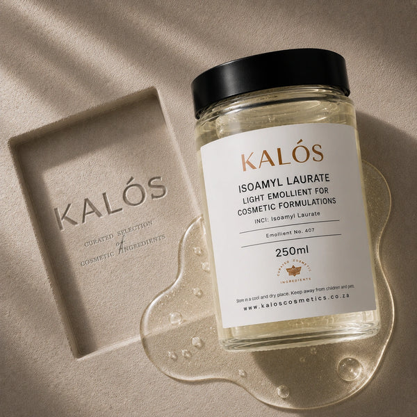 Jar of Kalós cosmetic ingredient with a decorative tray on a beige background