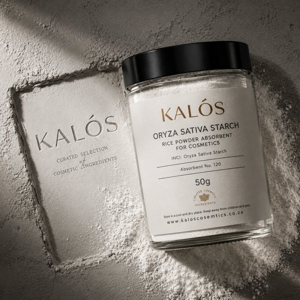 Jar of Kalós Oryza Sativa Starch on a textured surface
