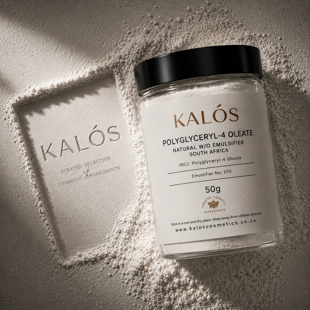 Jar of Kalós cosmetic ingredient on a textured surface