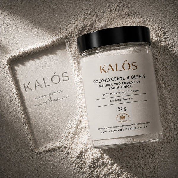 Jar of Kalós cosmetic ingredient on a textured surface