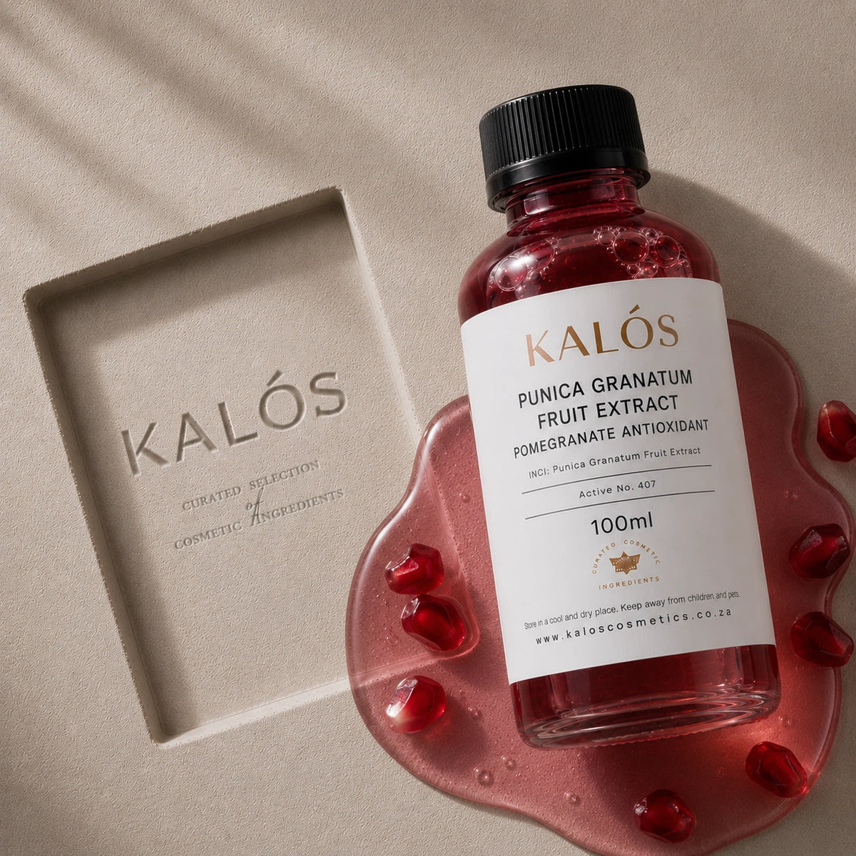 Bottle of Kalós Punic Granatum Fruit Extract on a beige background